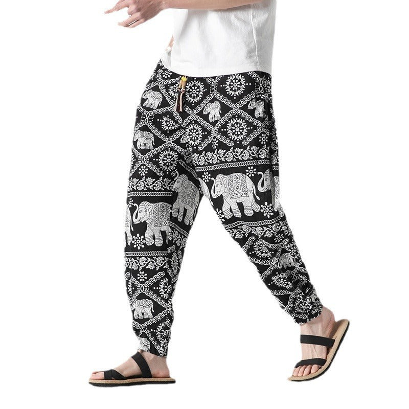 Unisex nan lässige Boho-Haremshose mit Elefantenmuster, elastischem Bund und Bündchen Echo Archiv