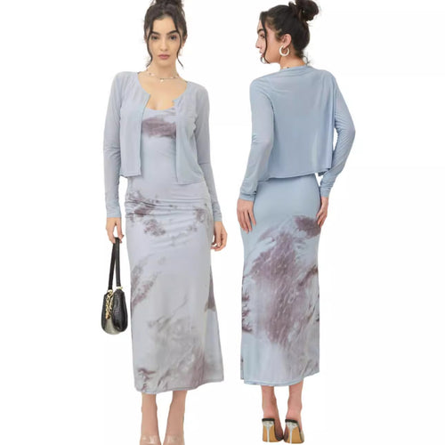Damen Zweiteiliges Maxikleid-Set mit tailliertem Slipkleid und kurzem Langarm-Cardigan – Valéora
