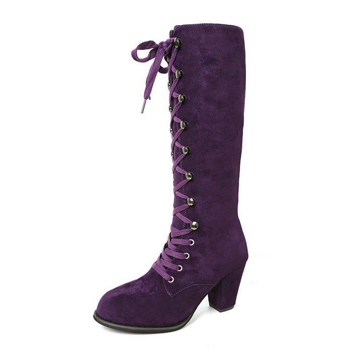 Damen kniehohe Schnürstiefel mit mittelhohem Blockabsatz und Vintage‑Wildlederoptik Echoarchiv