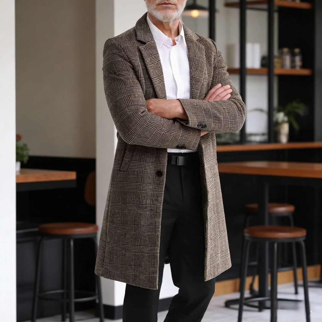 Herren Wollblendmantel im Glencheck mit schlanker langer Silhouette Echoarchiv