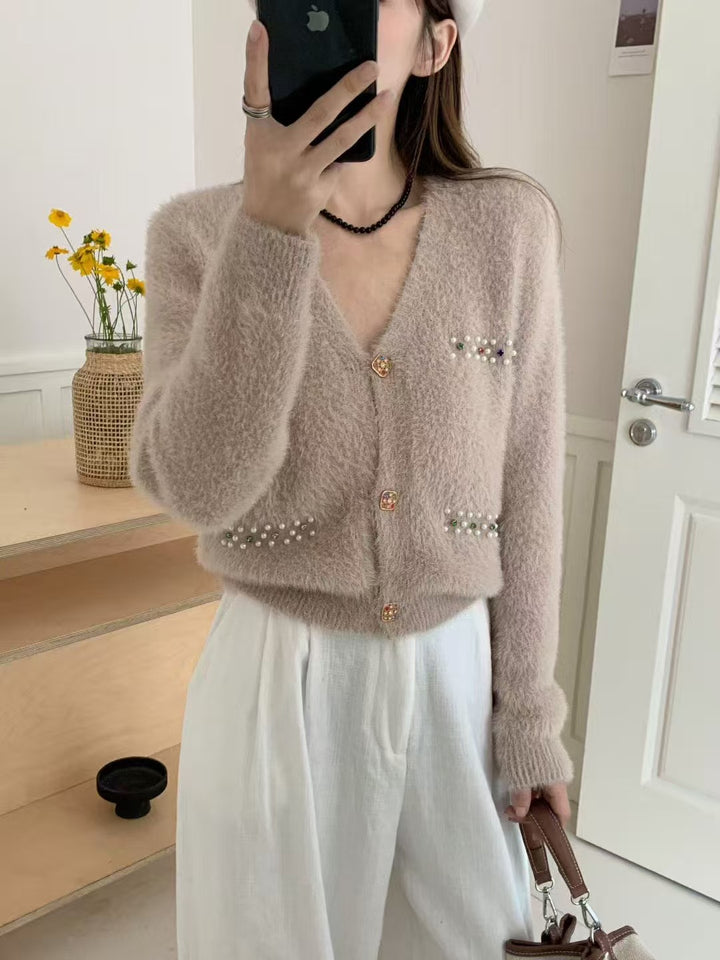 Damen Verspielter V-Ausschnitt Cardigan mit Perlen Echo Archiv