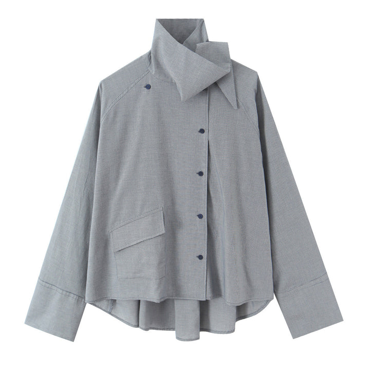 Damen Oversize-Bluse mit hohem Schalkragen und asymmetrischer Knopfleiste Echoarchiv