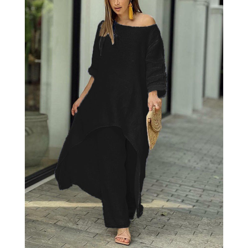 Damen Leichtes Leinen-Zweiteiler mit asymmetrischer High-Low-Tunika und weiter Palazzo-Hose Echo Archiv