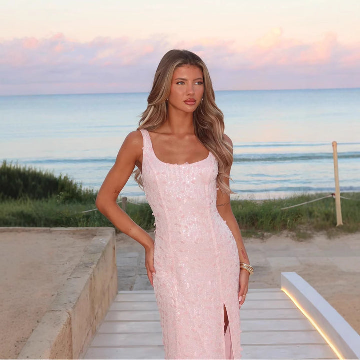 Damen Glamouröses Pailletten-Abendkleid mit seitlichem Schlitz und figurbetontem Schnitt Echo Archiv