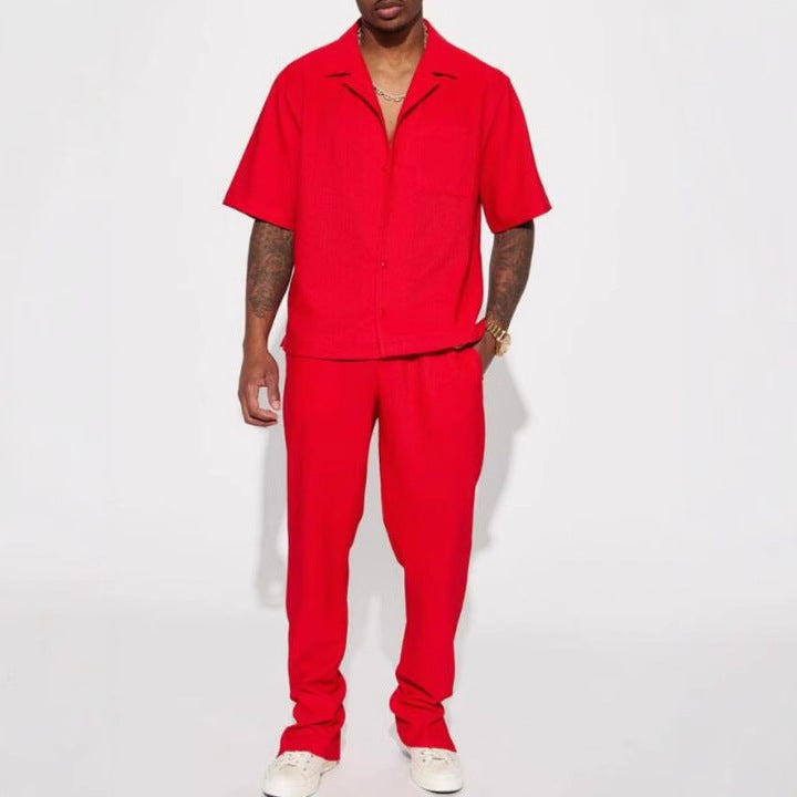 Herren gestreiftes Kurzarmhemd und gemütliche Chinohose Set Echoarchiv
