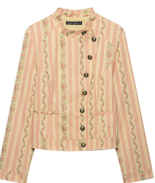 Damen Kurzjacke im Vintage-Streifen- und Blumenmuster mit Stehkragen und dekorativer Knopfleiste Echo Archiv