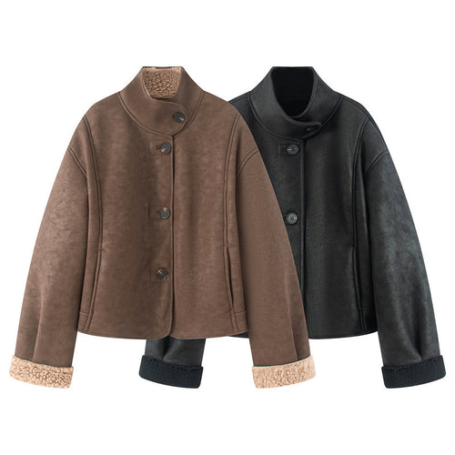 Damen kurze Lammfelloptik-Jacke mit hohem Stehkragen und geknöpfter Front – Célinea