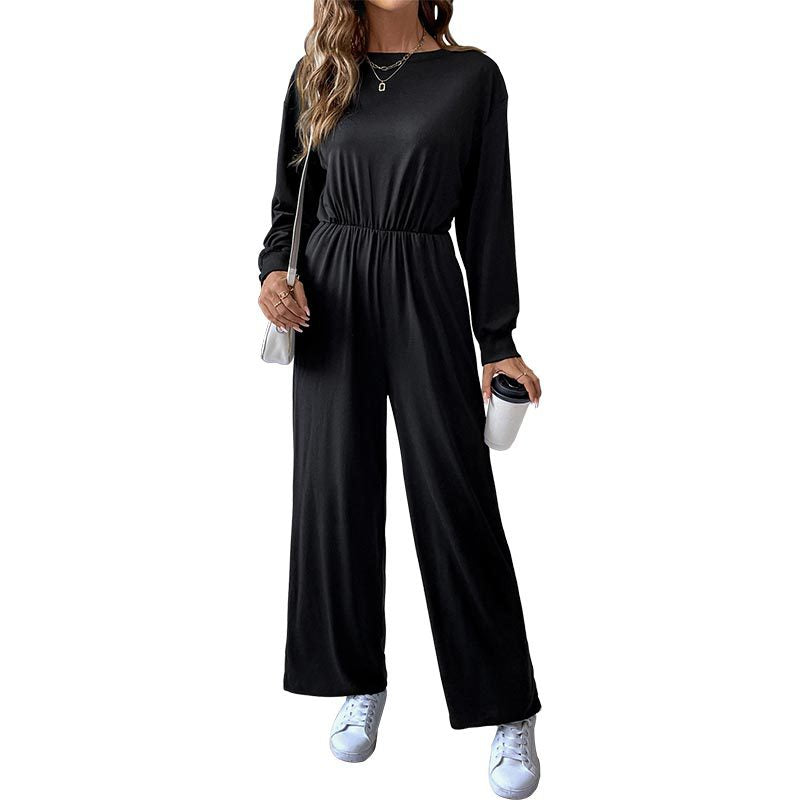 Damen Lässiger Einteiler mit elastischer Taille, Seitentaschen und weitem Bein Echoarchiv