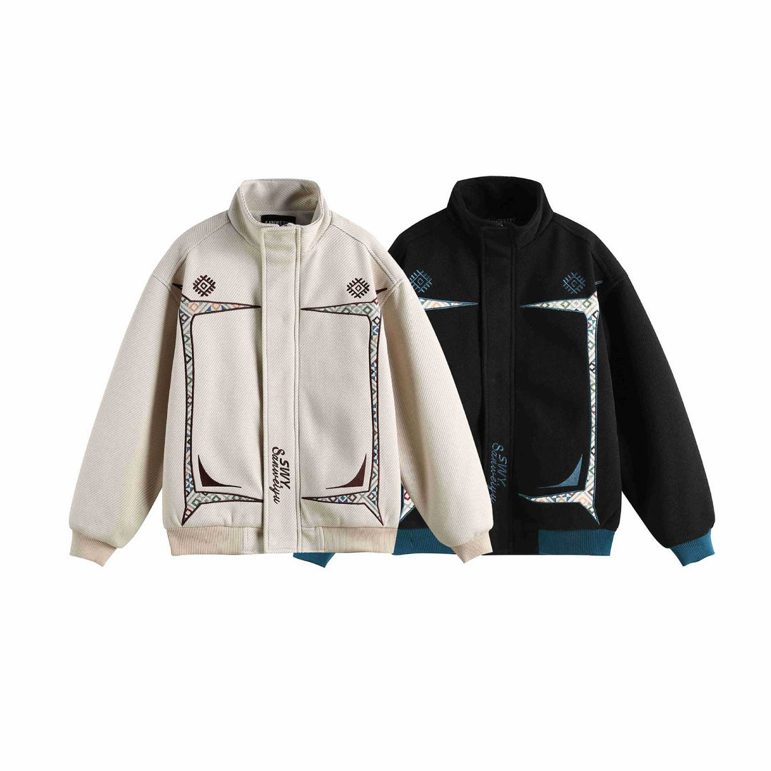 Damen Leichte Stehkragen-Jacke mit folkloren Stickapplikationen und gerippten Bündchen Echoarchiv