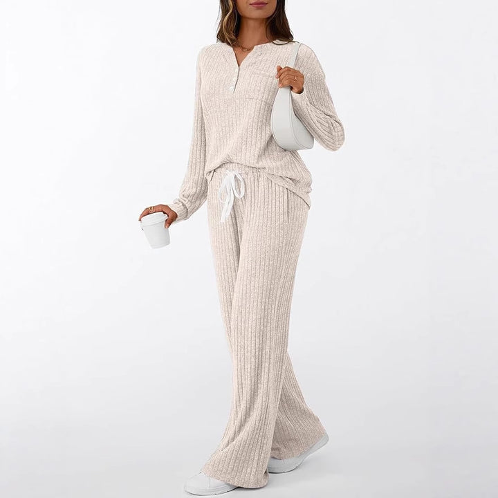Damen Rippstrick-Lounge-Set mit Knopfleiste und weitem Kordelbund-Hose – Mavelle