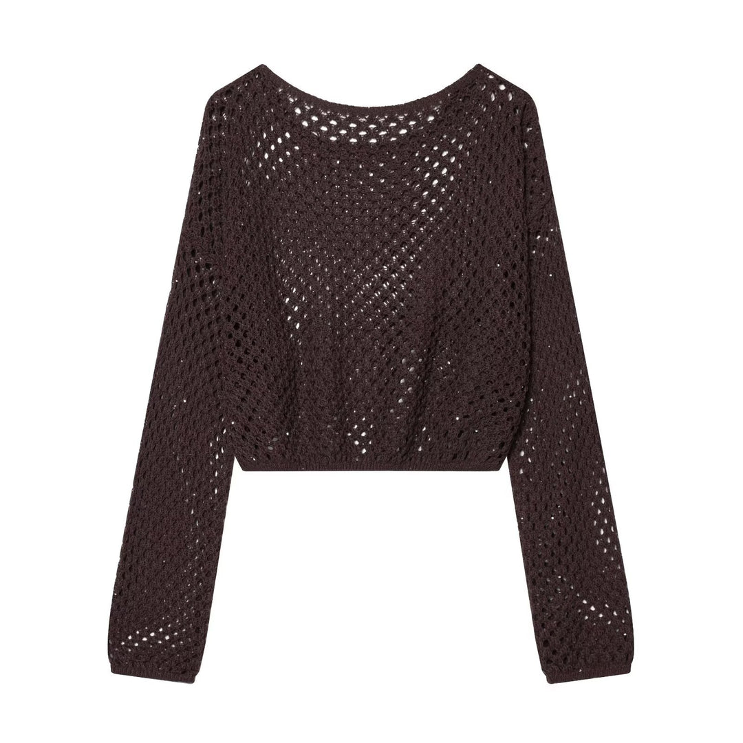 Damen Gehäkelter Lochstrick-Cropped-Pullover mit Ballonärmeln Echoarchiv