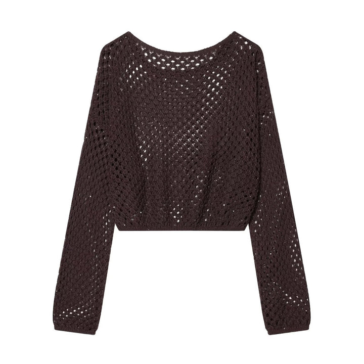 Damen Gehäkelter Lochstrick-Cropped-Pullover mit Ballonärmeln Echoarchiv