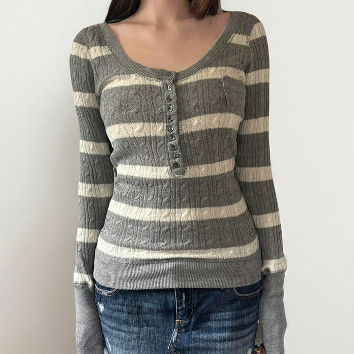 Damen Gestreifter Feinstrick-Pullover mit Zopfmuster und Knopfleiste Echo Archiv