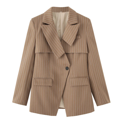 Damen nan gestreifter Oversize-Blazer mit asymmetrischer Schalkragen-Überlagerung und Pattentaschen Echo Archiv