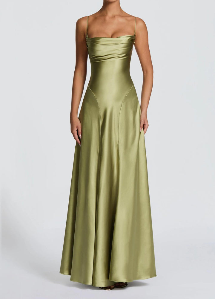 Damen Elegantes Maxi-Kleid mit fließendem Satin und verführerischem Spaghettiträger Echoarchiv