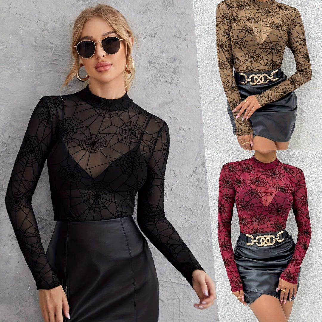 Damen nan transparentes Netzoberteil mit Spinnennetzmuster und Stehkragen Echo Archiv