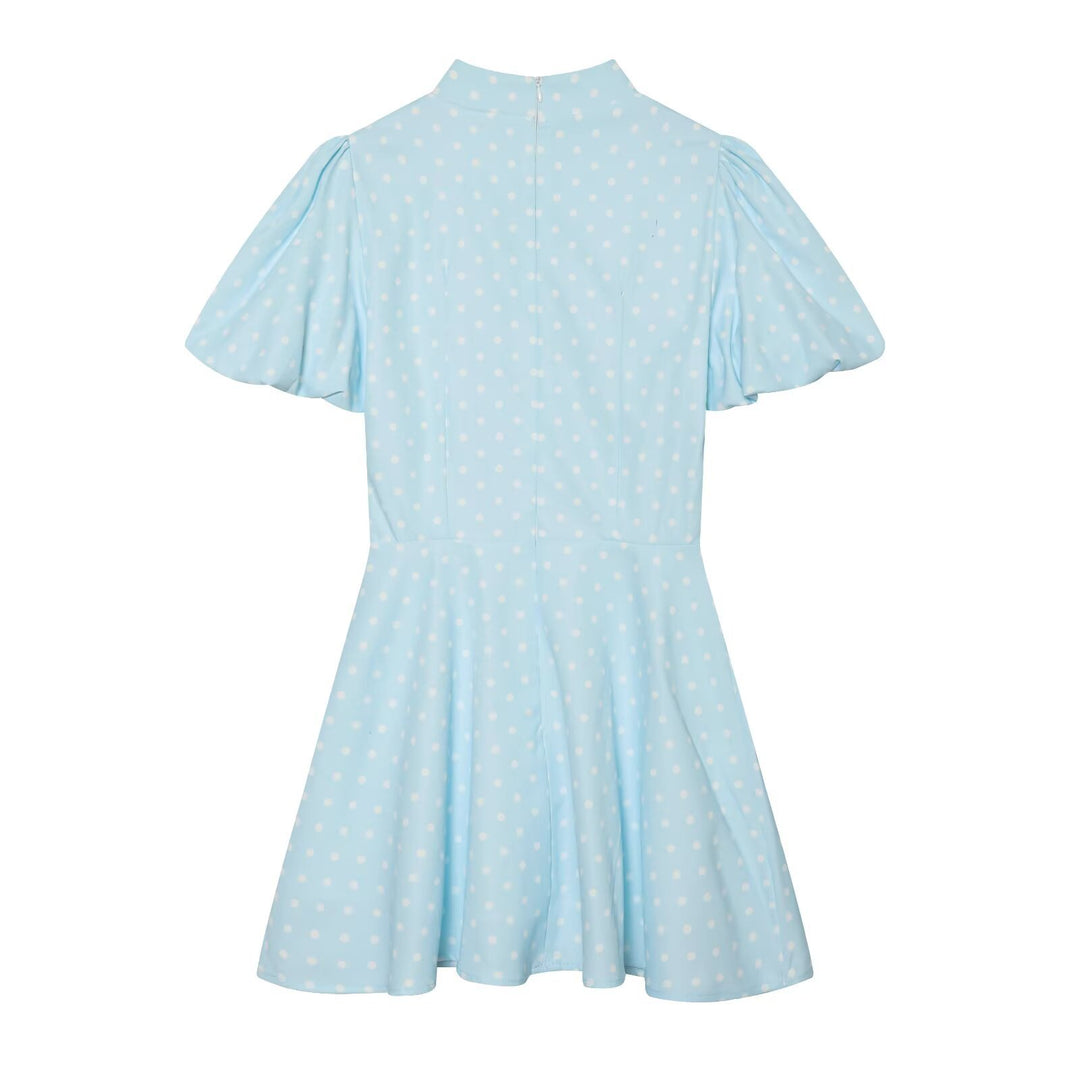 Damen Gepunktetes A‑Linien‑Kleid mit Stehkragen, Taillierung und Ballonärmeln Echo Archiv