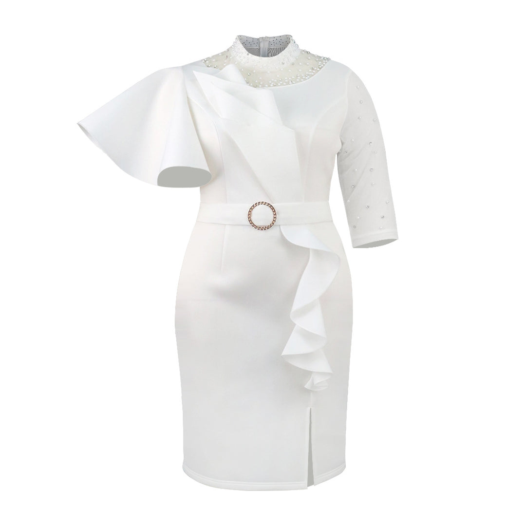 Damen Cocktailkleid mit asymmetrischem Rüschendesign und dekorativen Perlenakzenten Echo Archiv