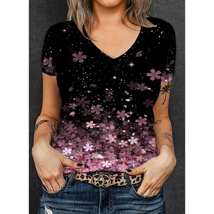 Damen V-Ausschnitt T-Shirt mit floralem Muster und Glitzerakzenten Echo Archiv