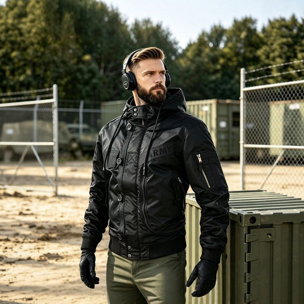 Herren Militärinspirierte Kapuzen-Bomberjacke mit Utility-Taschen Echo Archiv