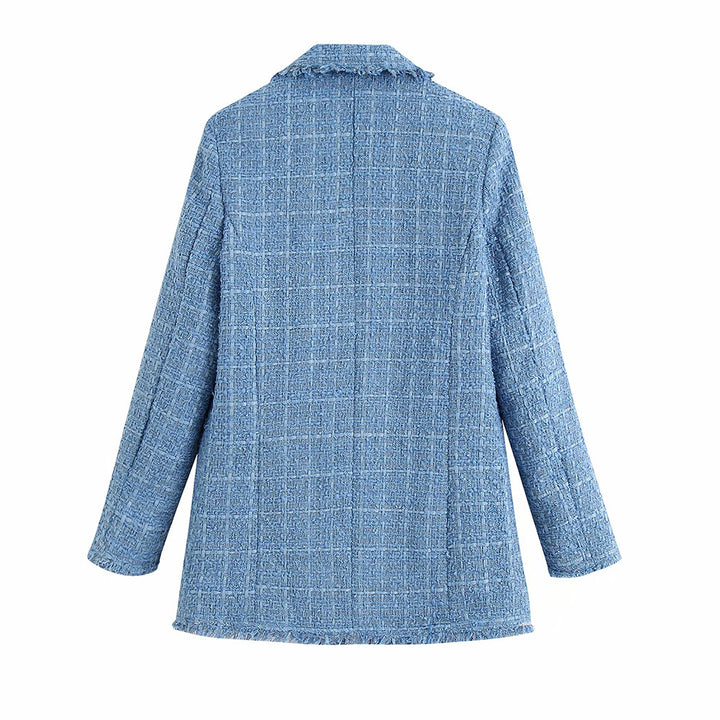 Damen Doppelreihiger Bouclé-Tweed-Blazer mit Fransenbesatz Echoarchiv