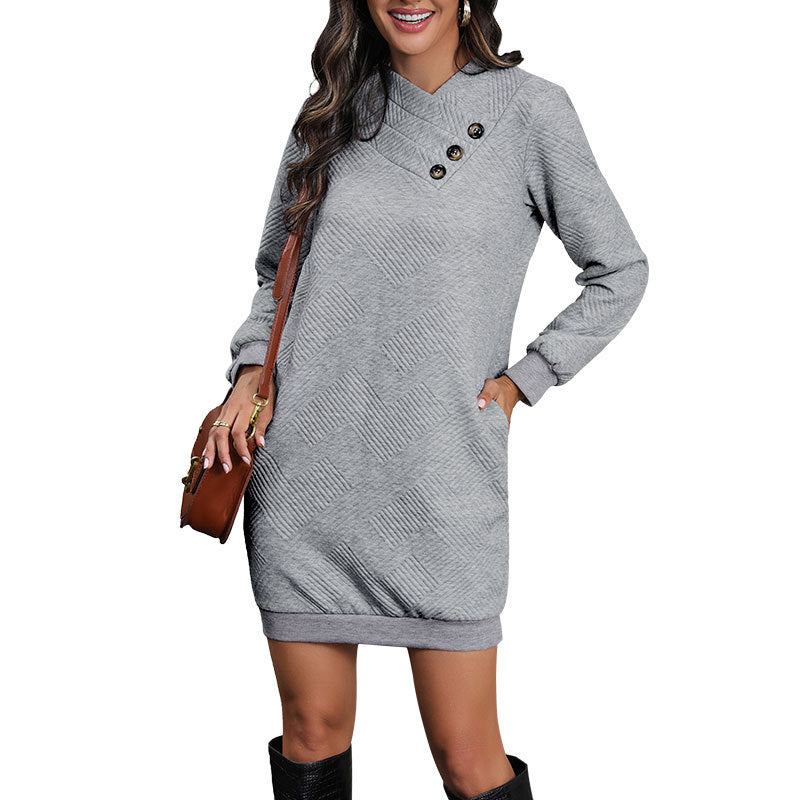 Damen Strukturiertes Sweatkleid mit asymmetrischem V‑Ausschnitt und Zierknöpfen Echoarchiv