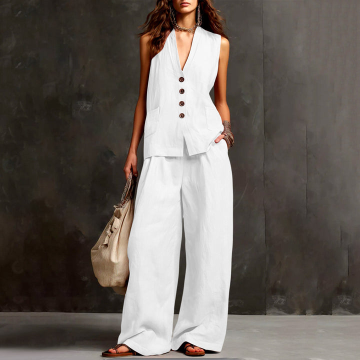 Damen Ärmelloses Longline-Westen und Palazzo-Hosen Set aus Leinenoptik – Célinea
