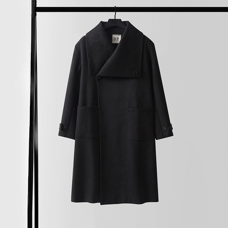 Damen Eleganter langer Wollmix-Cocoon-Mantel mit überlappendem Schalkragen und aufgesetzten Taschen Echoarchiv