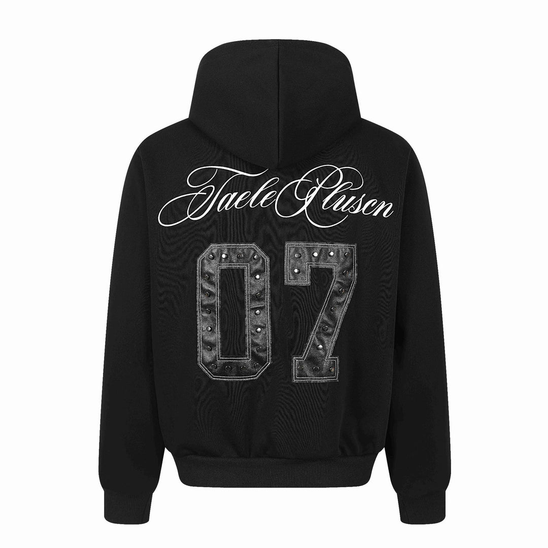 Unisex Kapuzen‑Sweatjacke mit durchgehendem Reißverschluss, Kängurutasche und ornamentalen Siegel‑Prints Echoarchiv