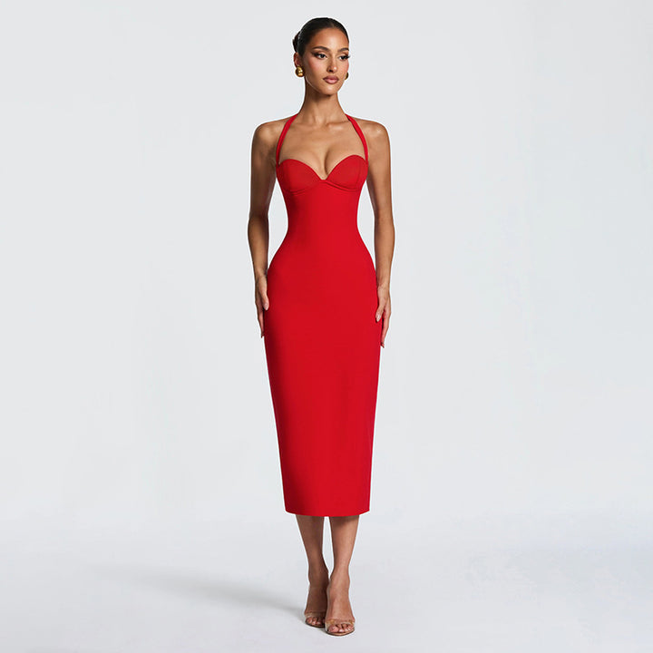 Damen Figurbetontes Midi-Kleid mit Herzausschnitt und verstellbaren Trägern Echo Archiv