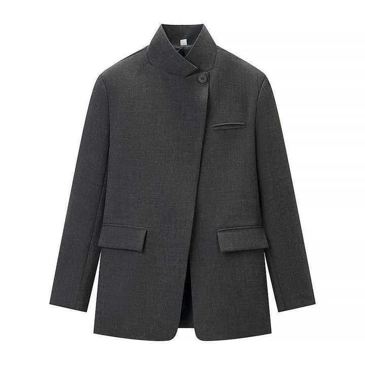 Damen nan taillierter Karo-Mantelblazer mit Stehkragen, asymmetrischer Knopfblende und Pattentaschen Echo Archiv