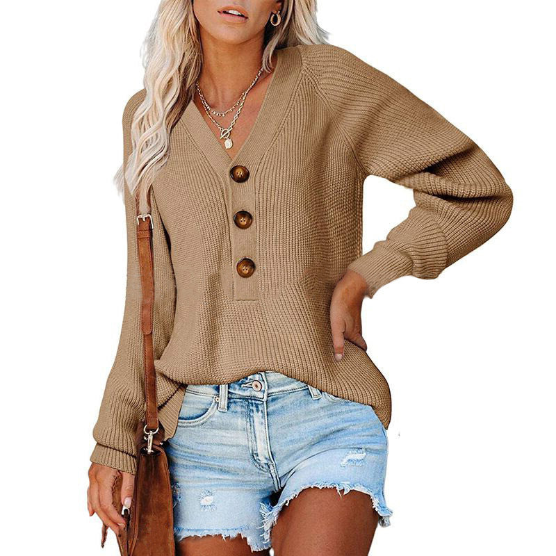 Damen Gerippter Strickpullover mit V‑Ausschnitt, Zierknopfleiste und Ballonärmeln Echoarchiv