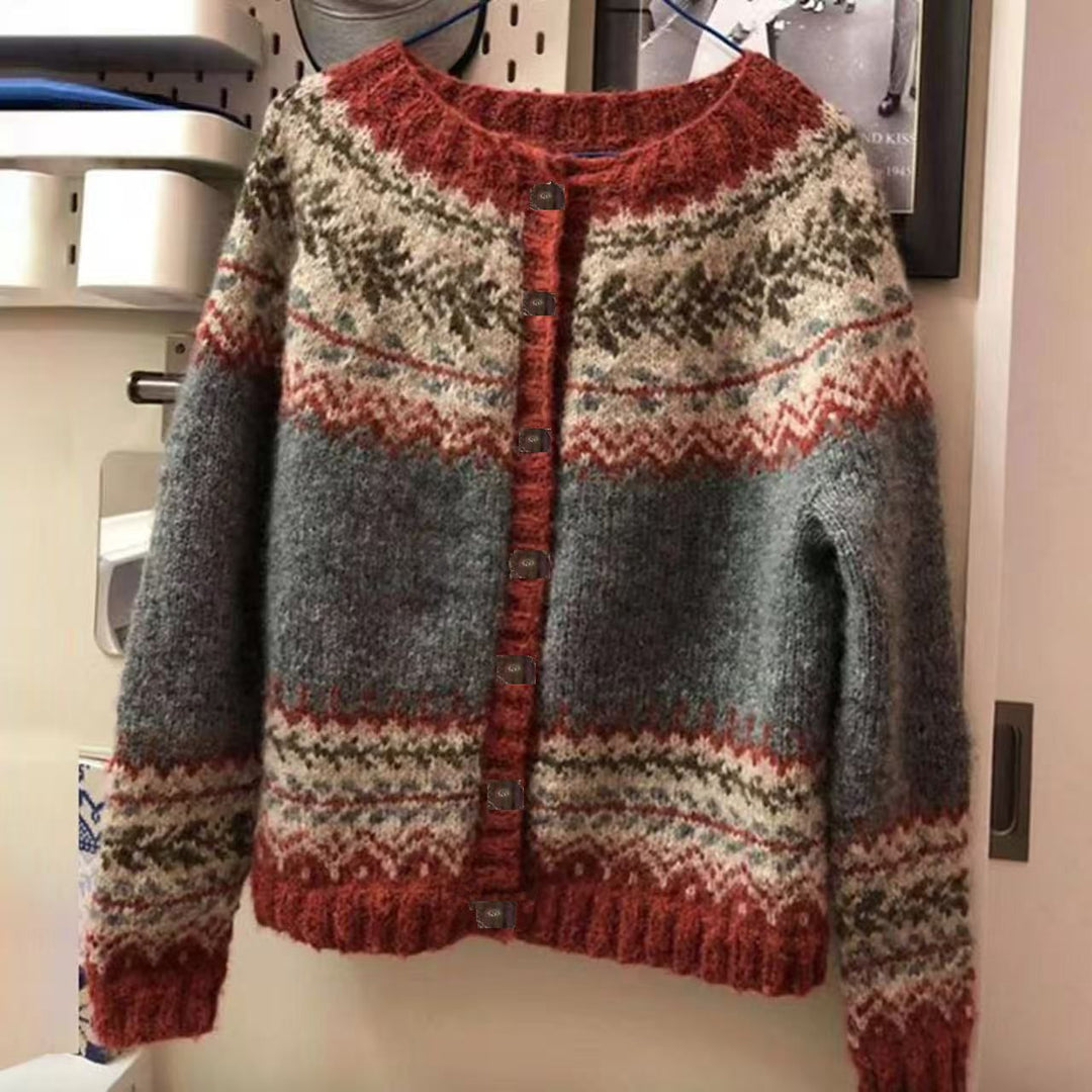 Damen nan gemusterte Strickjacke mit Rundpasse, Holzknöpfen und Eingrifftaschen Echo Archiv