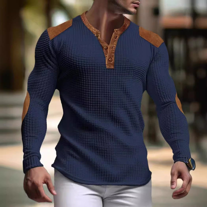 Herren strukturiertes Langarmshirt mit modischen Lederapplikationen Echoarchiv