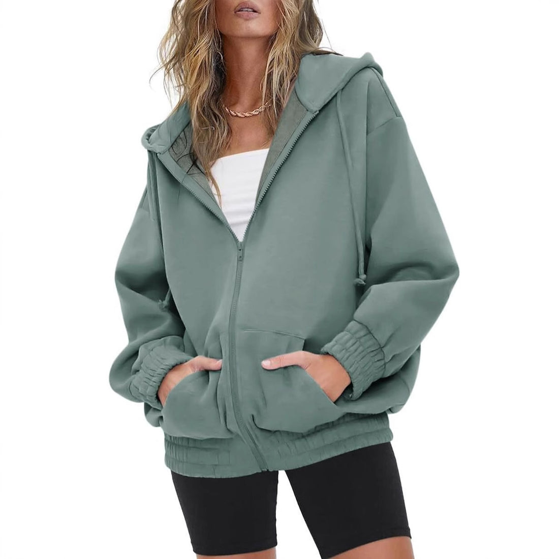 Damen oversized Kapuzenjacke mit Reißverschluss, Fleece-Futter und Kängurutaschen – Auréline