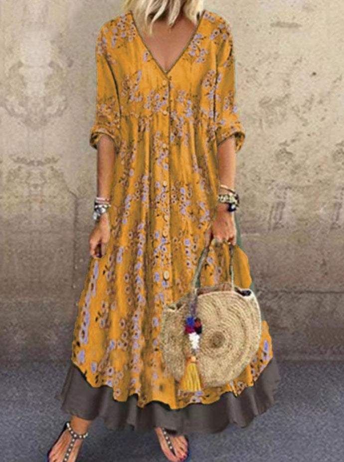 Damen Maxikleid im Boho‑Stil mit V‑Ausschnitt, durchgehender Knopfleiste und Stufenrock – Valéora