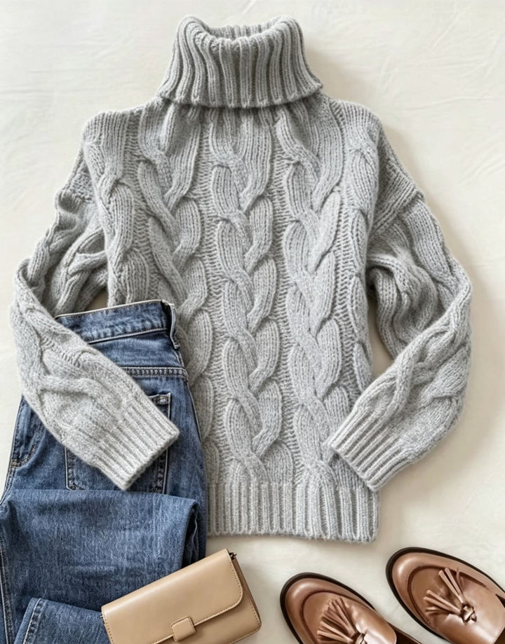 Damen Grobstrick-Rollkragenpullover mit markanten Zopfmustern und gerippten Bündchen – Mavelle
