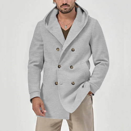 Herren eleganter Kapuzenmantel mit doppelt-knöpfbarem Verschluss und modischer Silhouette Echoarchiv