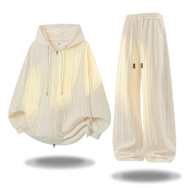 Damen Gehäkeltes Cable-Knit Lounge-Set mit Kapuzen‑Zipjacke & Palazzo‑Hose Echoarchiv