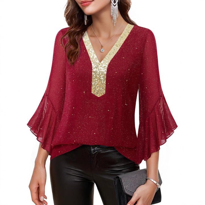 Damen Festliche Mesh-Bluse mit V-Ausschnitt, Paillettenbesatz und Volantärmeln – Élovi