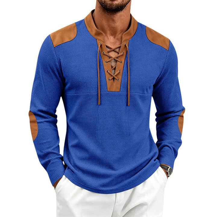 Herren Langarm-Waffelshirt mit Schnürkragen und Kunstlederapplikationen – Marzano