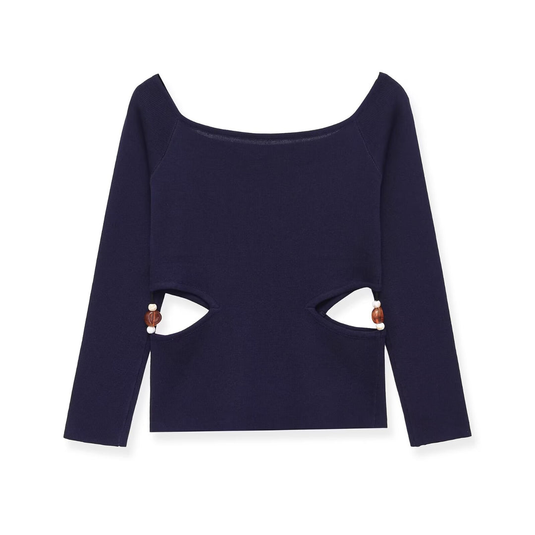 Damen Langarmshirt mit seitlichen Taillen-Aussparungen und Perlenbesatz Echo Archiv