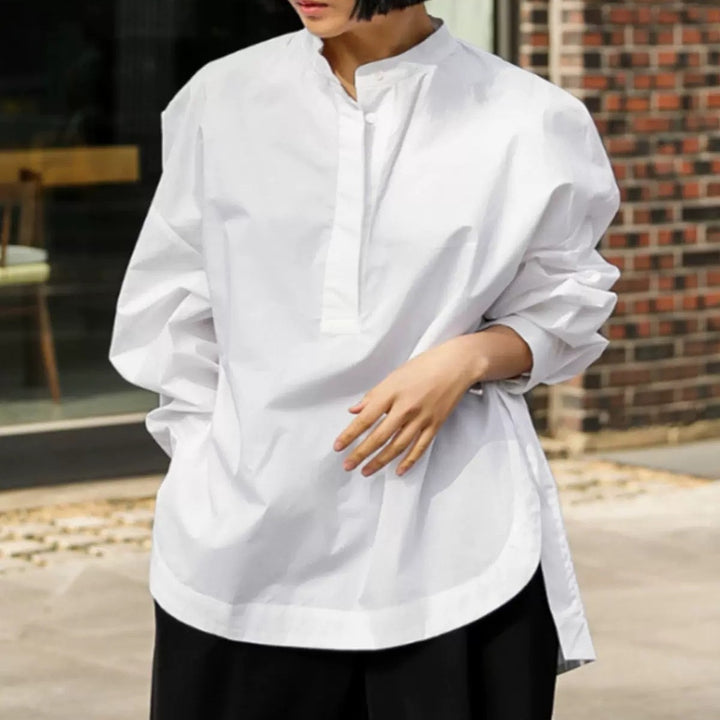 Damen Boxy-Baumwollbluse mit breitem Kentkragen und legerer Passform Echoarchiv
