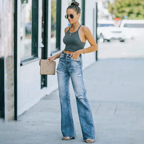Damen Hochtaillierte weite Straight-Leg-Jeans mit Destroyed-Details Echo Archiv