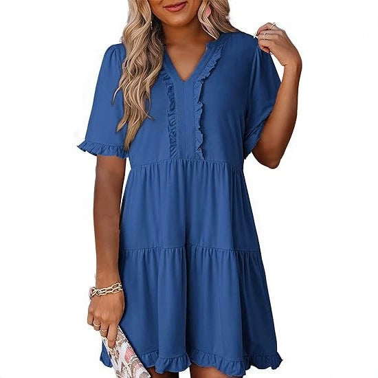 Damen nan leichtes Swingkleid mit V-Ausschnitt, gestufter Rockpartie und zarten Volants Echo Archiv