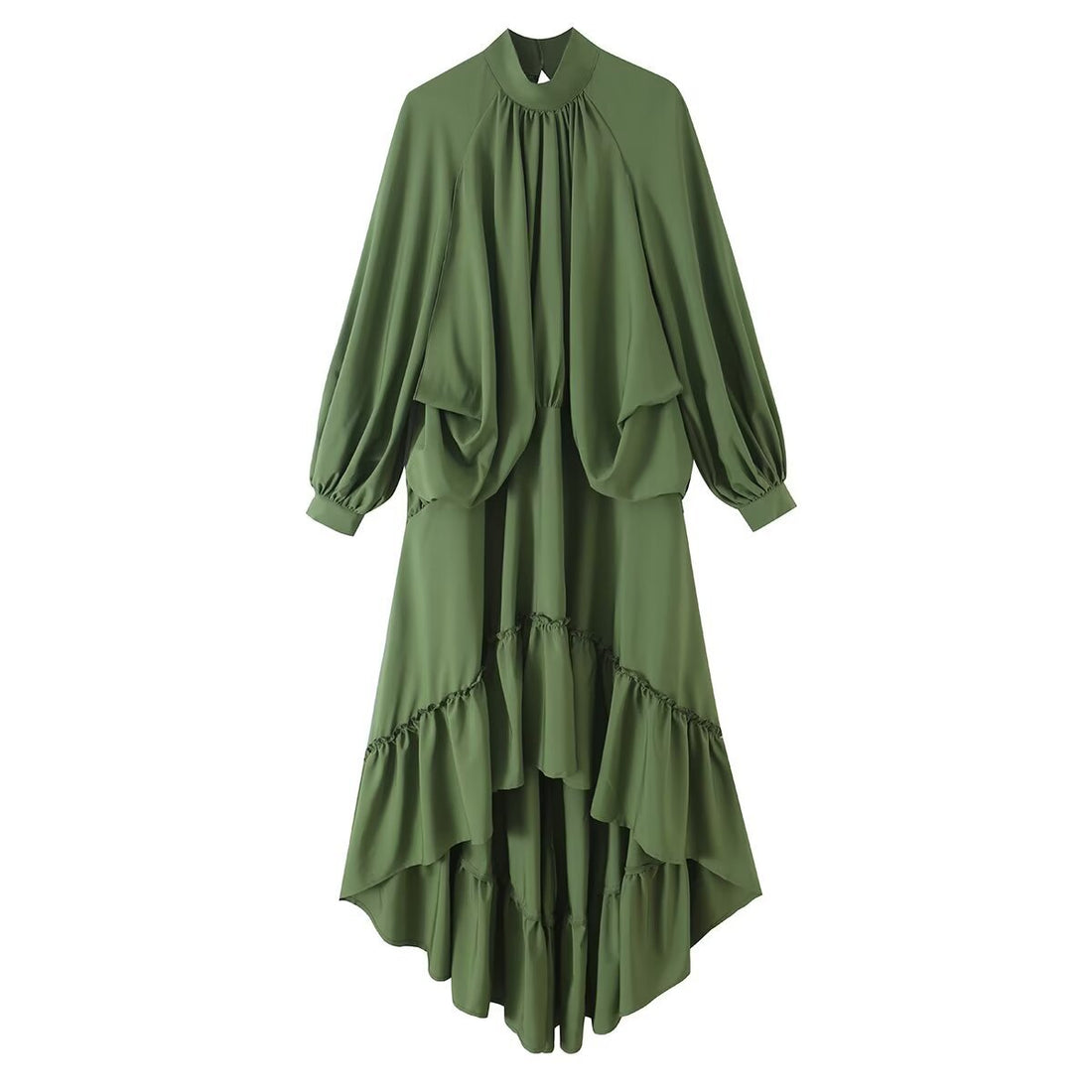 Damen Fließendes Maxikleid mit Ballonärmeln, Rüschendetails und Stehkragen Echoarchiv