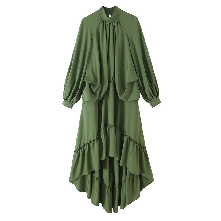 Damen Fließendes Maxikleid mit Ballonärmeln, Rüschendetails und Stehkragen Echoarchiv