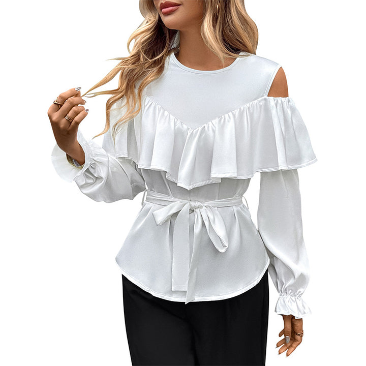Damen Elegant-Volant-Bluse mit Cut-Out-Schulter und Bindegürtel Echoarchiv