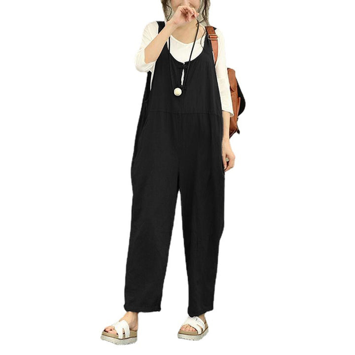 Damen Lässiger Harem-Overall aus Leinen mit verstellbaren Trägern und Seitentaschen Echo Archiv