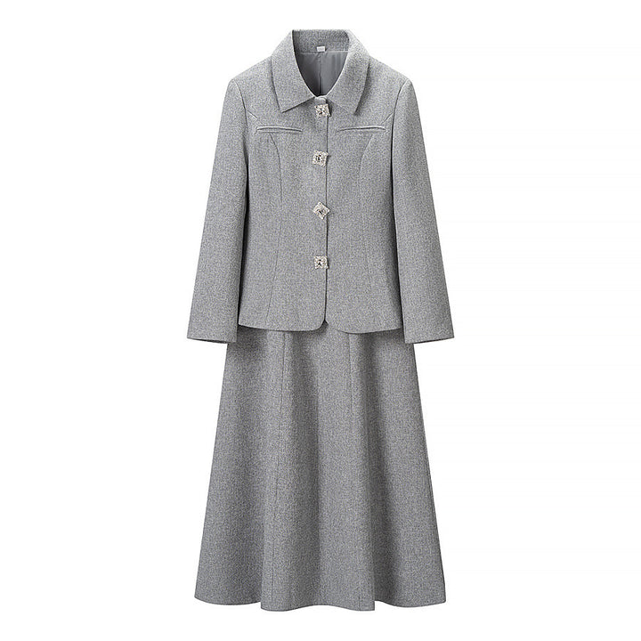 Damen Elegantes zweiteiliges Wollmisch-Kostüm mit tailliertem Kurzblazer und ausgestelltem Midirock Echo Archiv